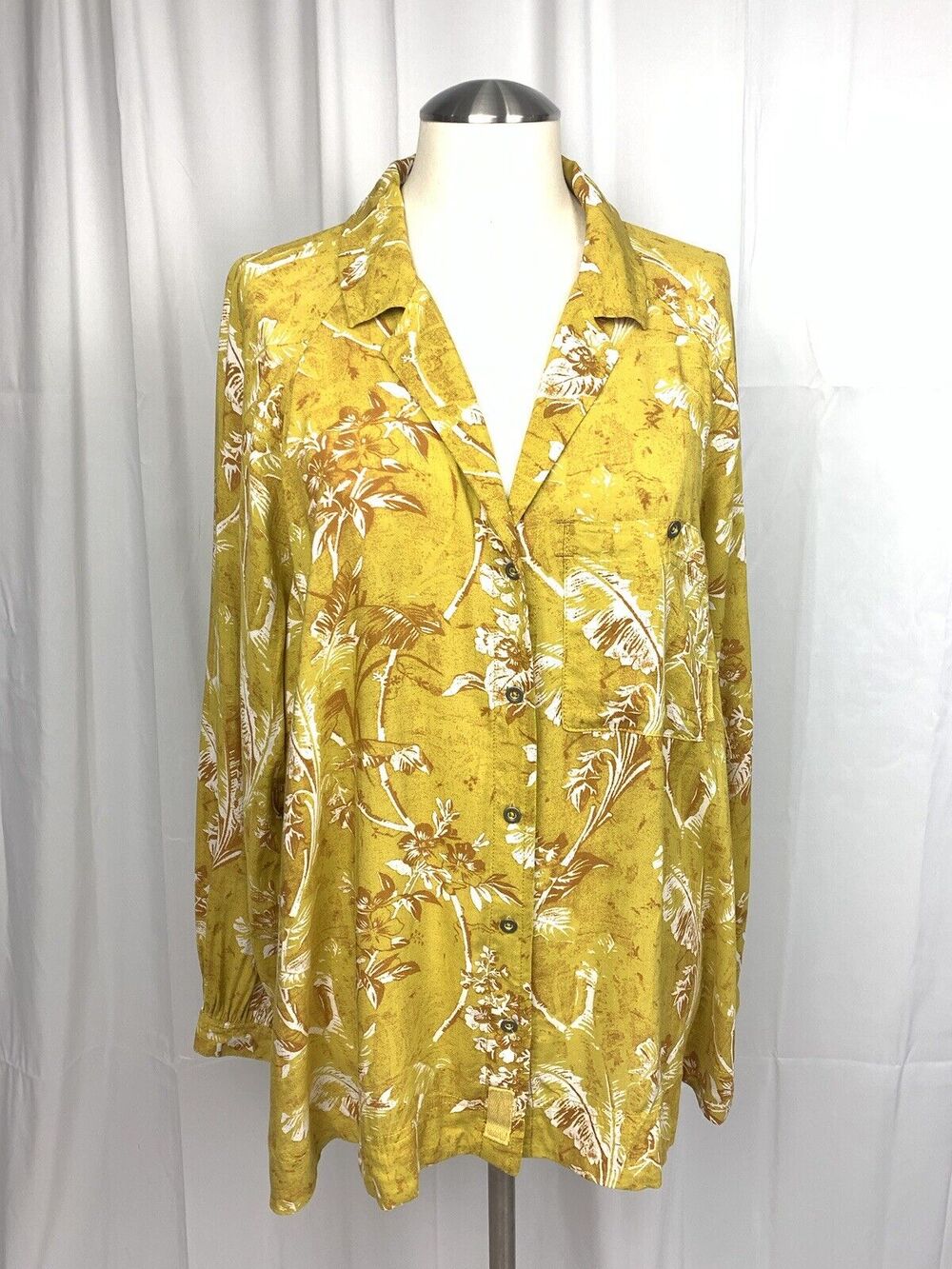 We The Free People Yellow Floral Tunic Top Button Down Boho Blouse Size S